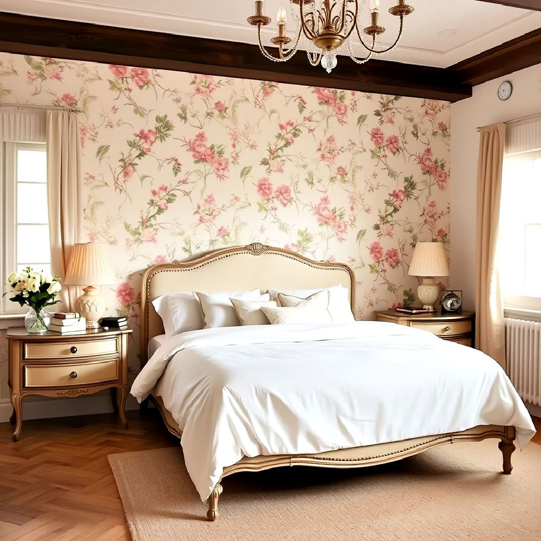 french inspired floral wallpaper accent wall - 25 French Bedroom Decor Ideas