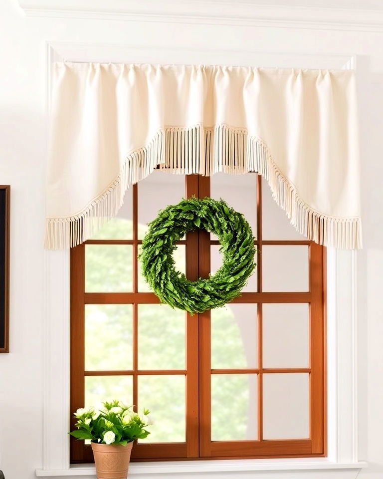 fringed valances to add decorative touch - 40 Farmhouse Window Treatment Ideas