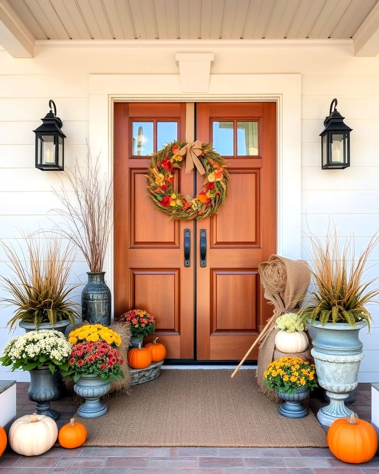 front door fall decor with burlap accents - 30 Front Door Fall Decor Ideas