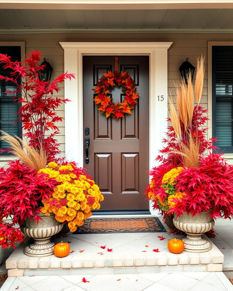 front door fall decor with potted fall foliage - 30 Front Door Fall Decor Ideas