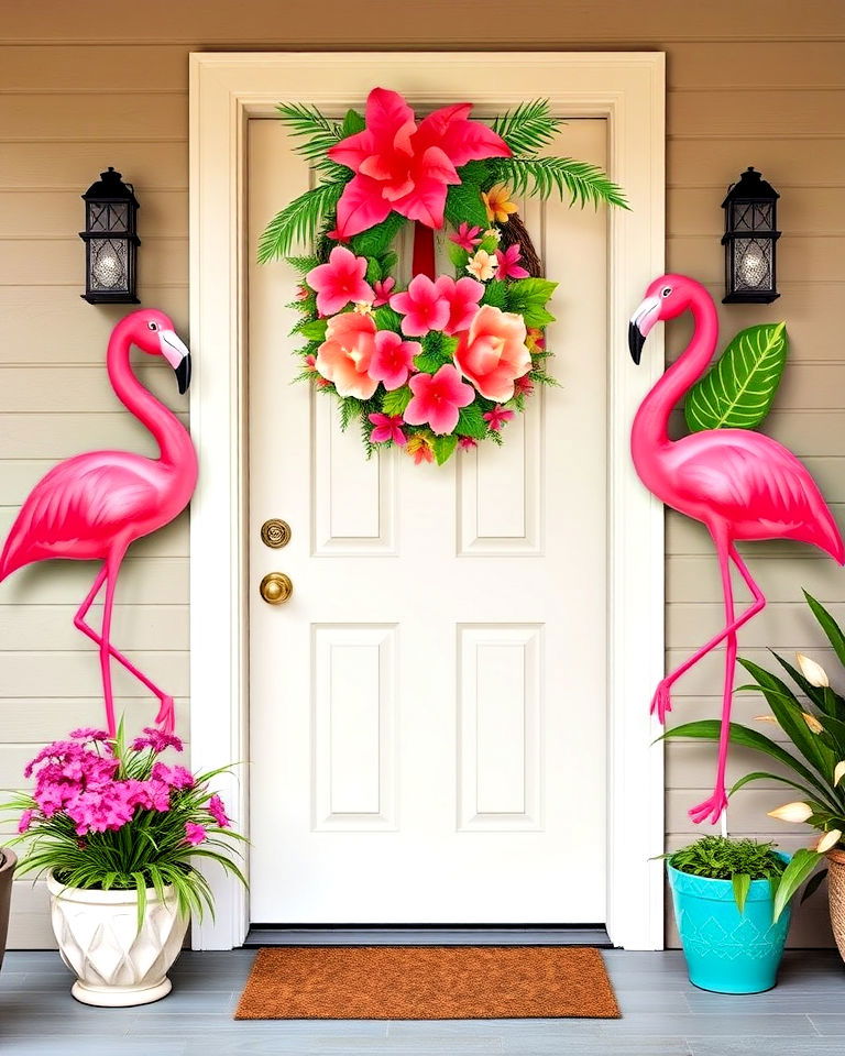 front door with flamingo themed decoration - 20 Summer Door Decoration Ideas