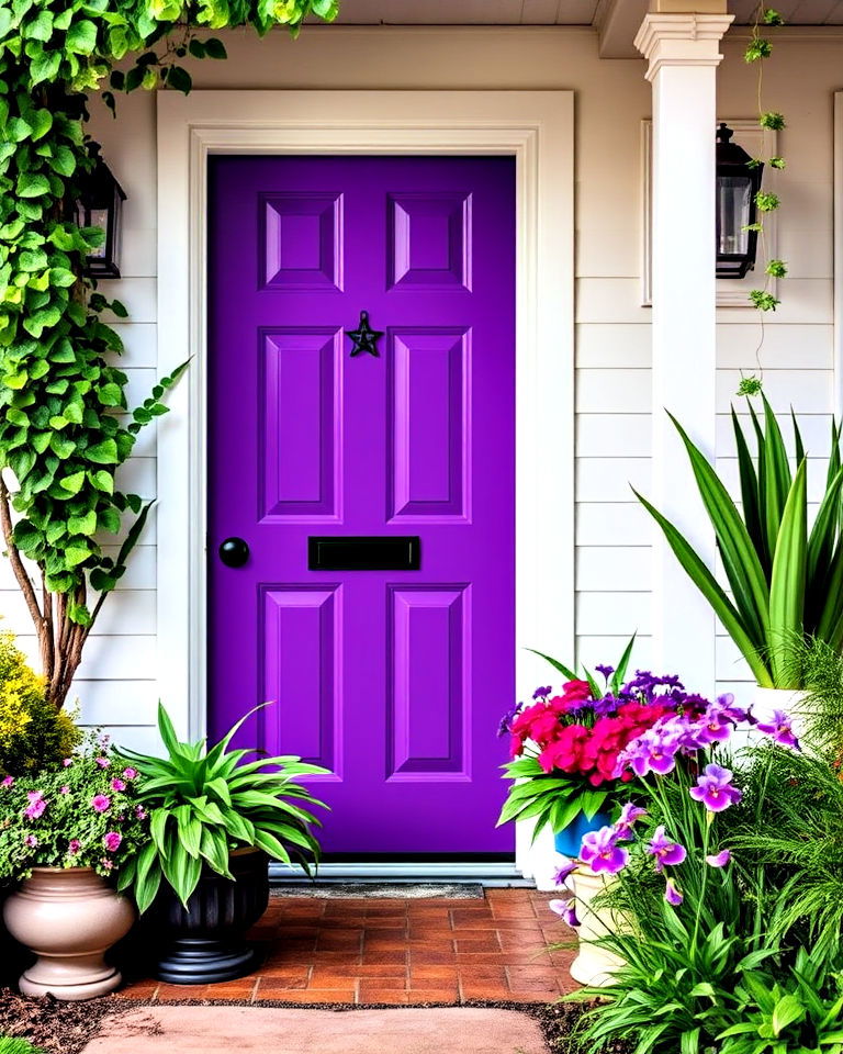 front door with iris for a bold pop of color - 20 Purple Front Door Ideas