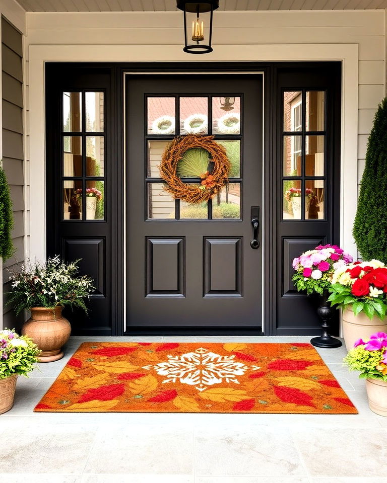 front door with seasonal welcome mat - 15 Front Door Mat Ideas
