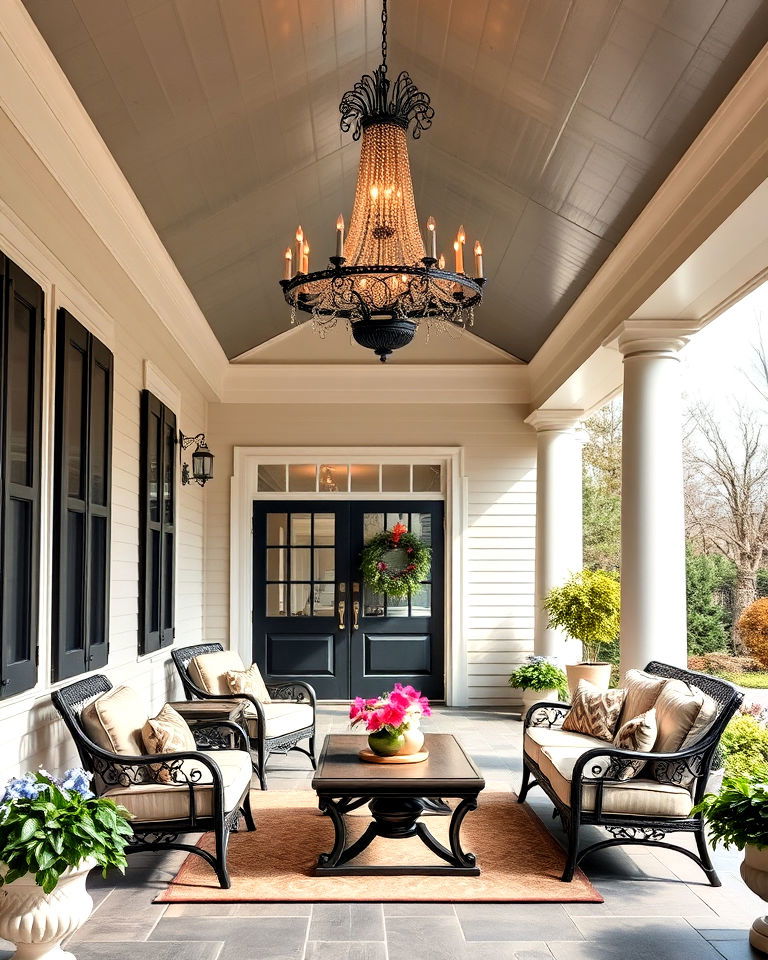 front porch with luxurious chandelier light - 20 Front Porch Lighting Ideas