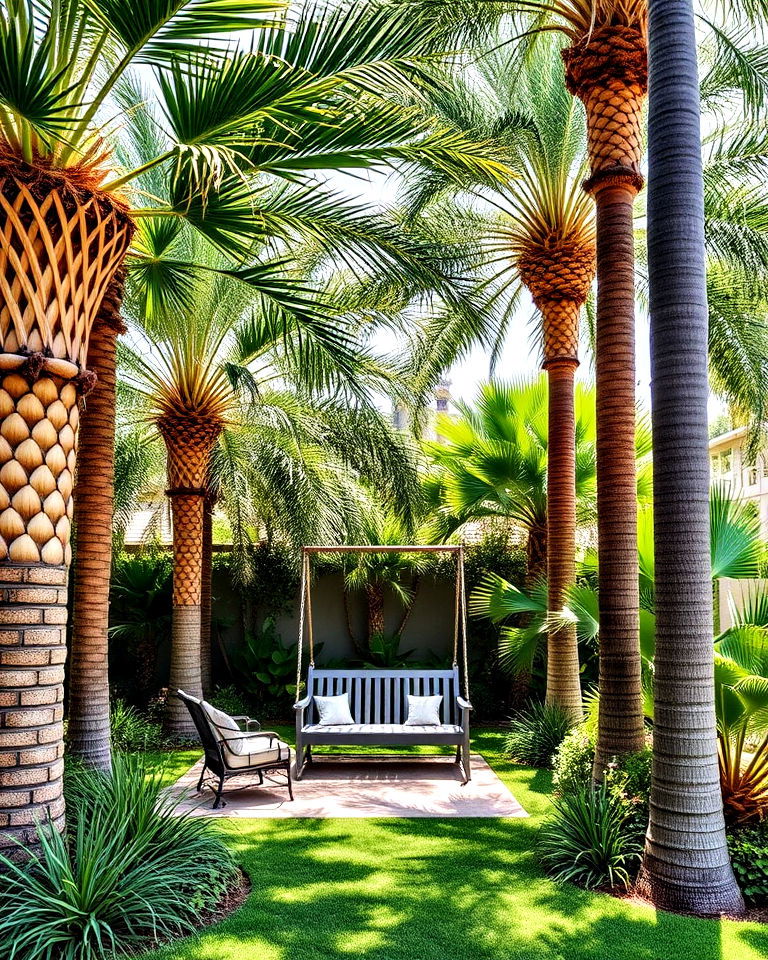 front yard shaded seating area with palms - 30 Front Yard Palm Tree Landscape Design Ideas