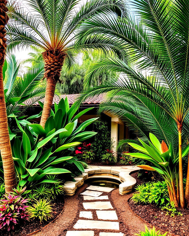 front yard with lush tropical hideaway - 35 Front Yard Palm Tree Landscape Design Ideas
