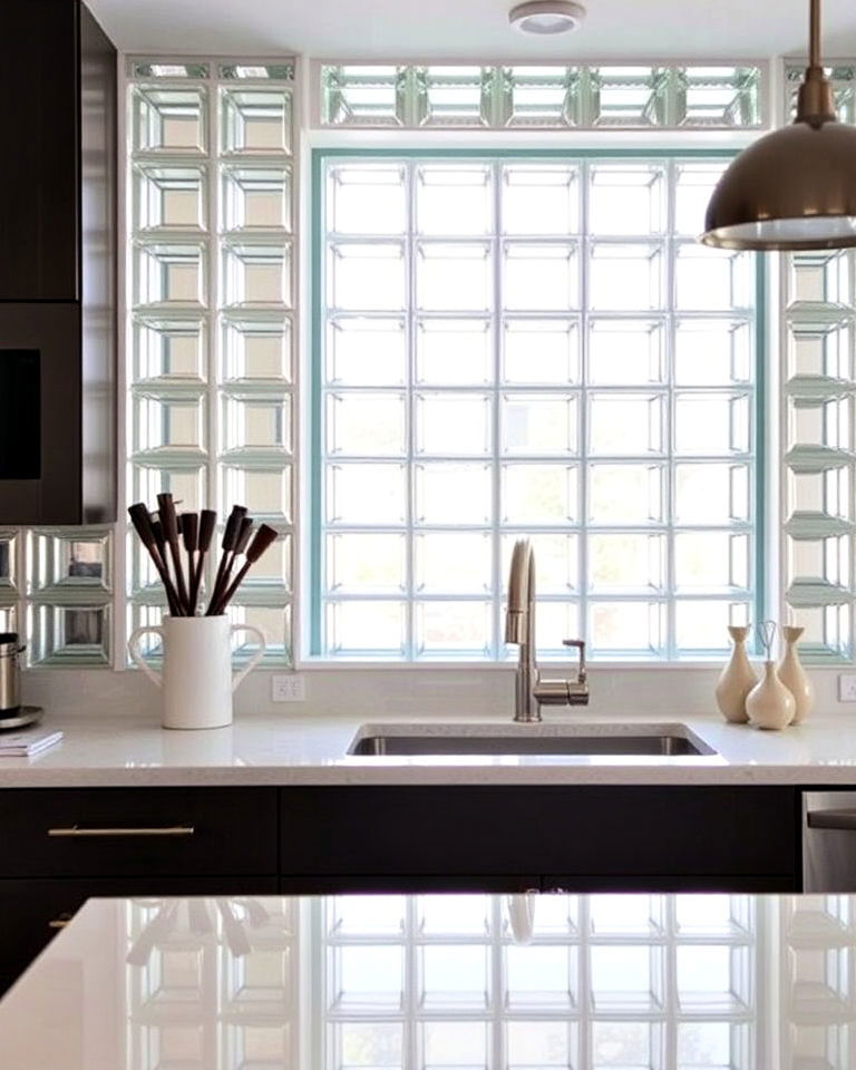 frosted mirrored glass blocks backsplash - 30 Mirrored Backsplash Kitchen Ideas