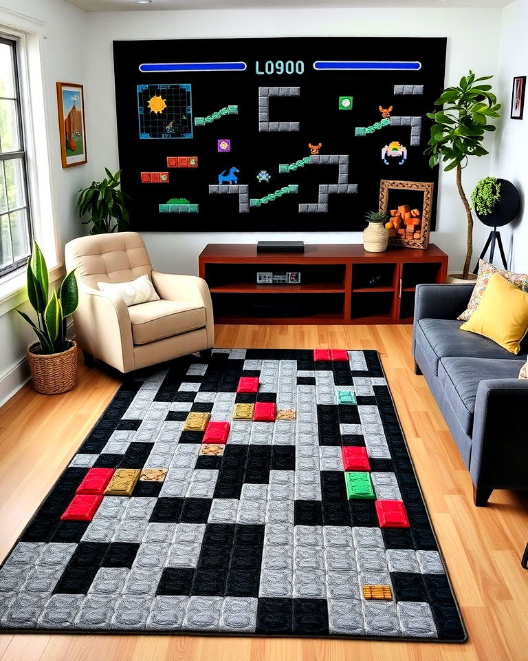 functional 8 bit patterned rugs - 30 Retro Game Room Ideas