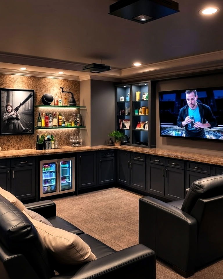 functional bar area for refreshments - 25 Basement Home Theater Ideas