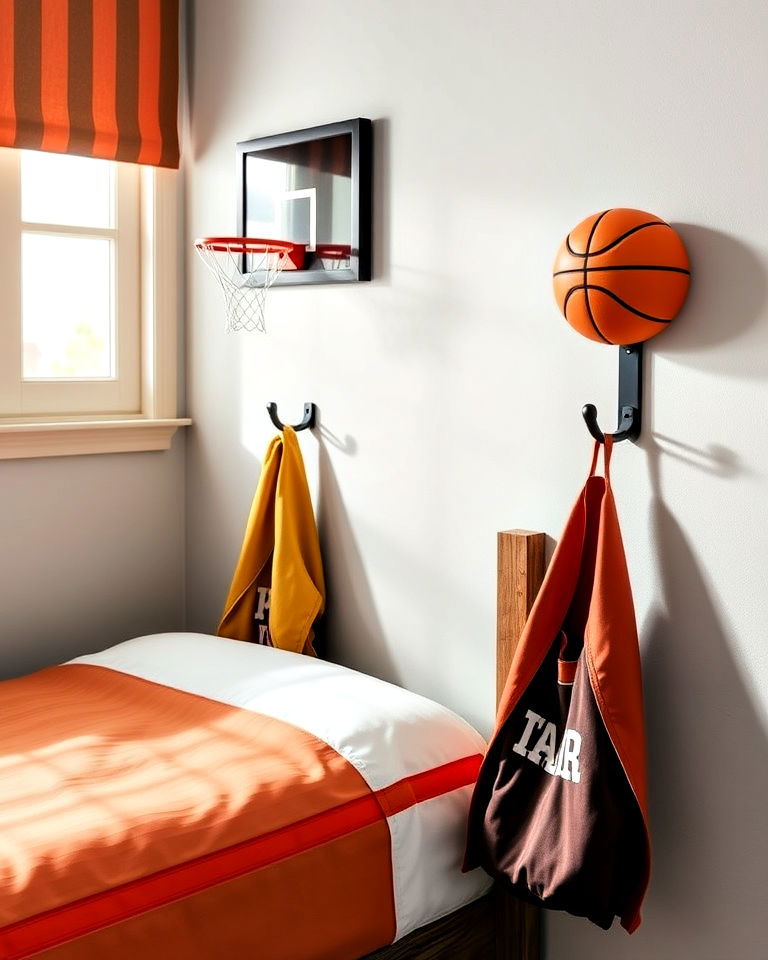 functional basketball wall hooks - 25 Basketball Room Decor Ideas