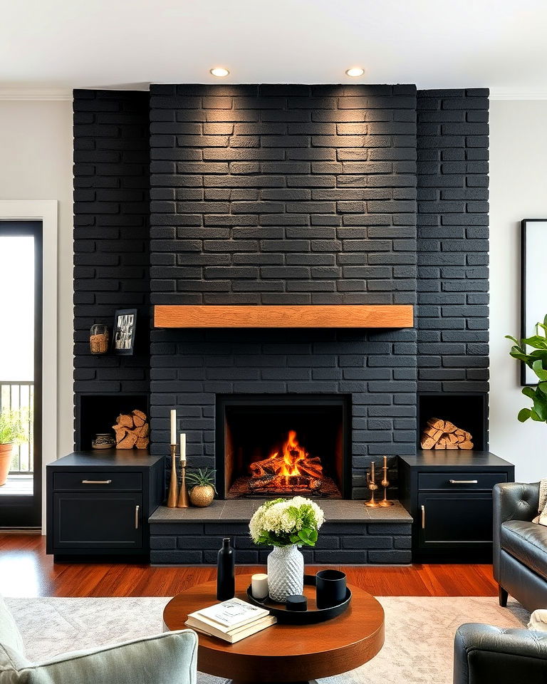 functional black brick fireplace with hidden storage - 30 Black Brick Fireplace Ideas