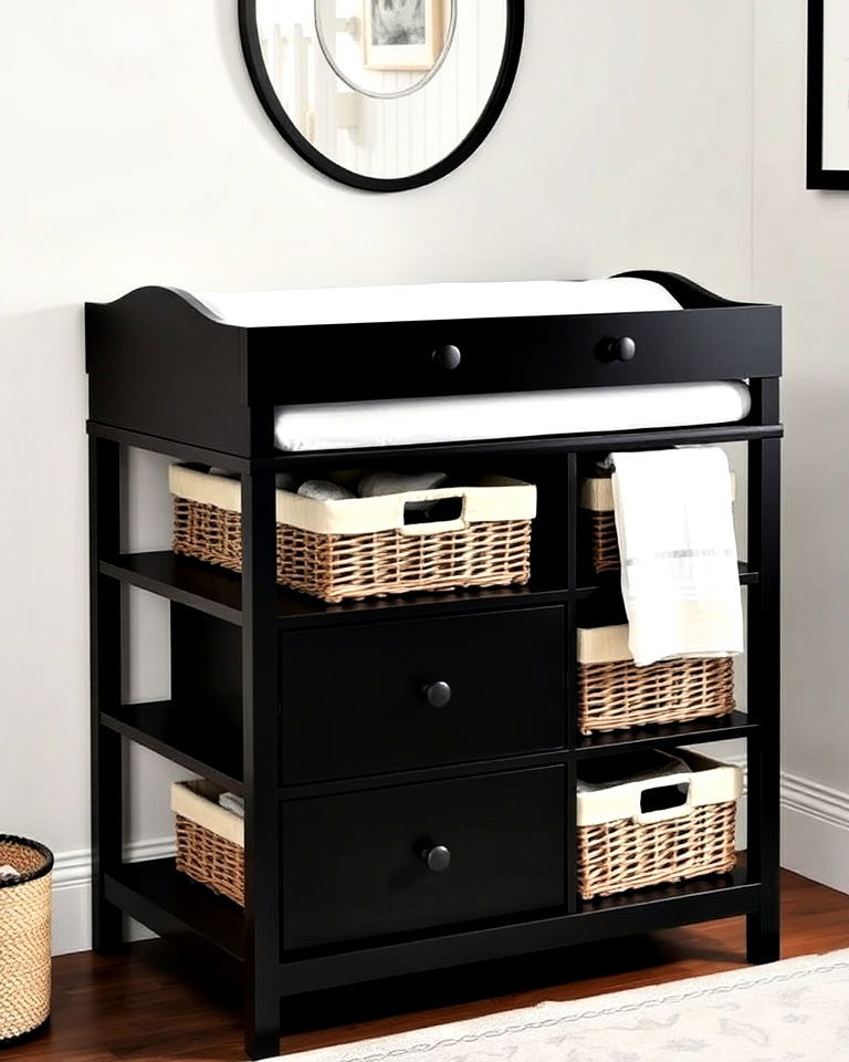 functional black changing table with light accents - 25 Black Nursery Ideas