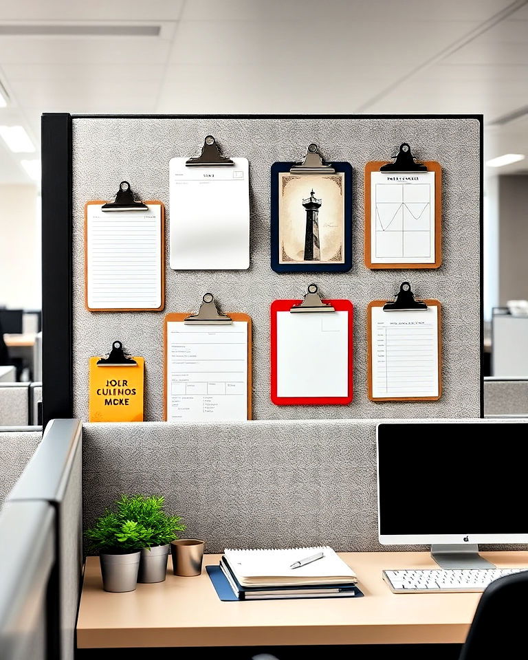 functional clipboard wall display - 30 Cubicle Decor Ideas