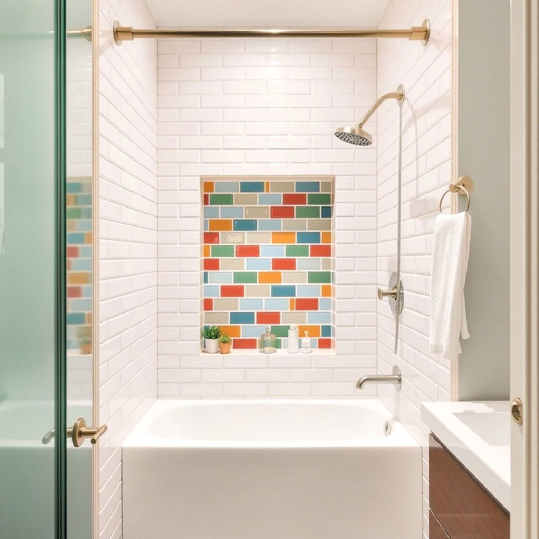functional color blocked shower niche - 25 Colorful Bathroom Ideas