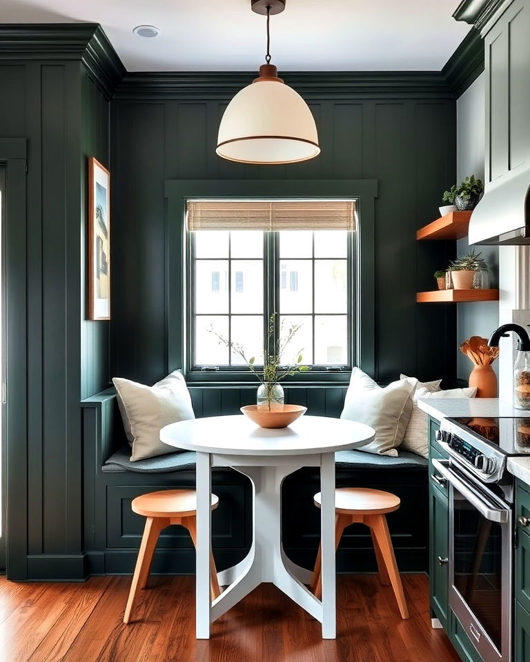 functional dark green built in bench - 40 Dark Green Kitchen Ideas