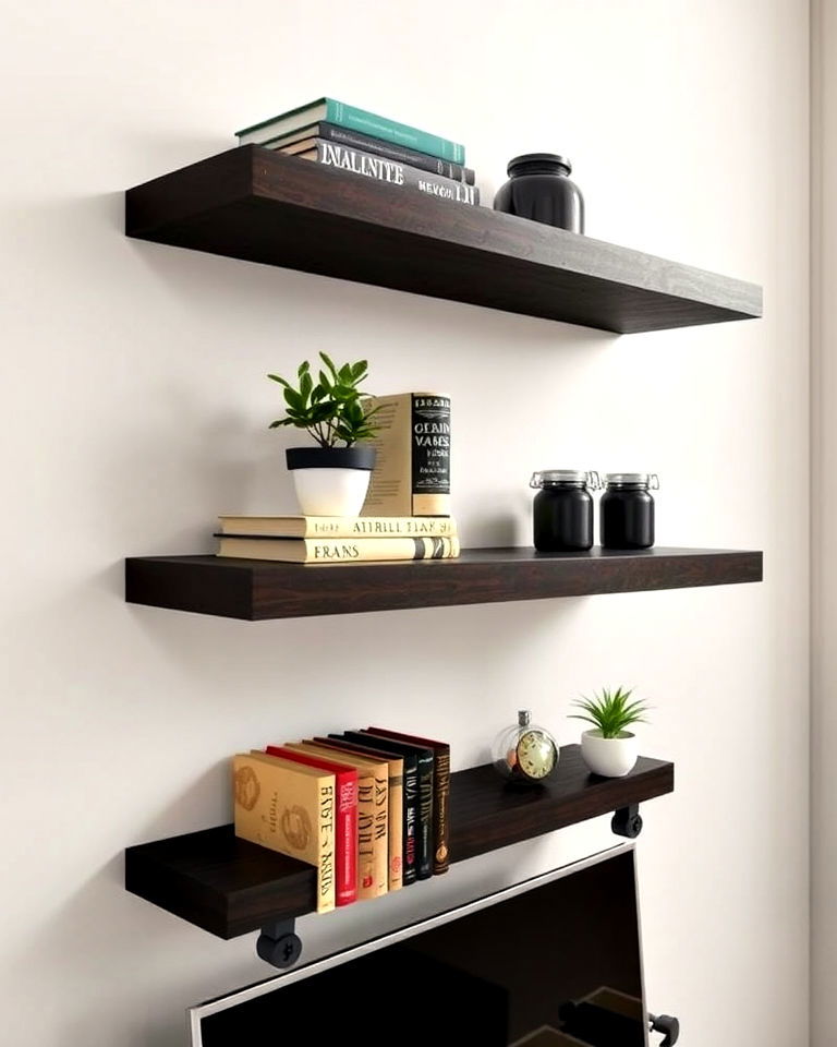 functional dark stained floating shelves - 20 Dark Academia Home Office Ideas