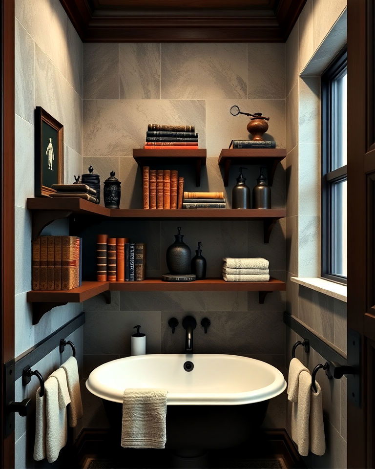 functional dark wooden shelves - 20 Dark Academia Bathroom Ideas