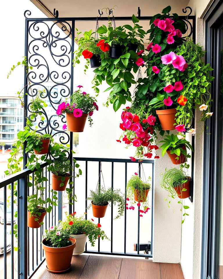 functional decorative trellis with hanging pots - 20 Balcony Trellis Ideas