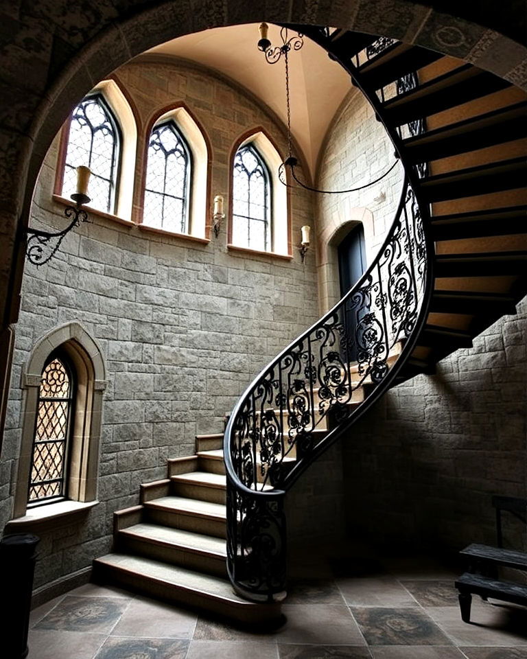 functional iron staircase with intricate railing - 25 Gothic Castle Ideas