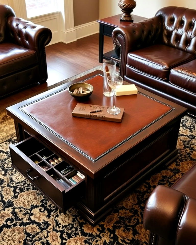functional leather topped coffee table - 20 Cigar Room Ideas