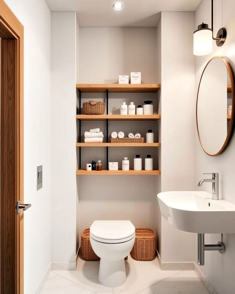 functional minimalist open storage solutions - 30 Open Concept Bathroom Ideas