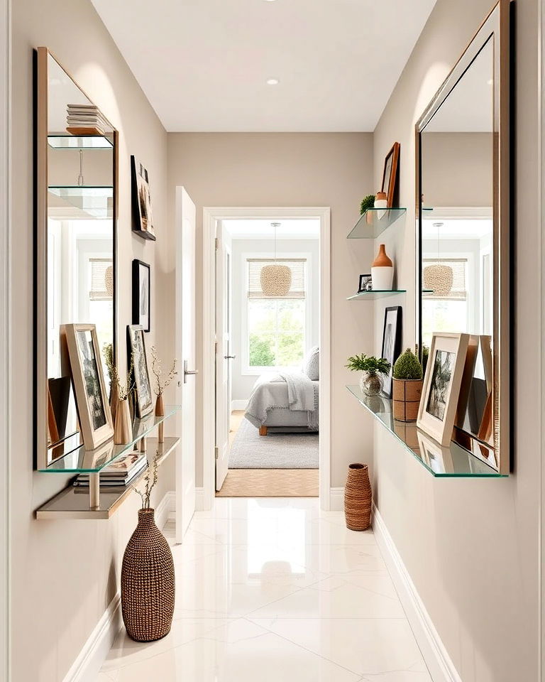 functional mirrored shelf wall with integrated mirrors - 30 Mirror Gallery Wall Ideas
