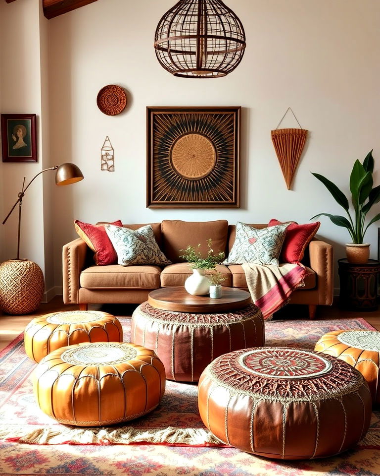 functional moroccan poufs - 30 Boho Decor Ideas