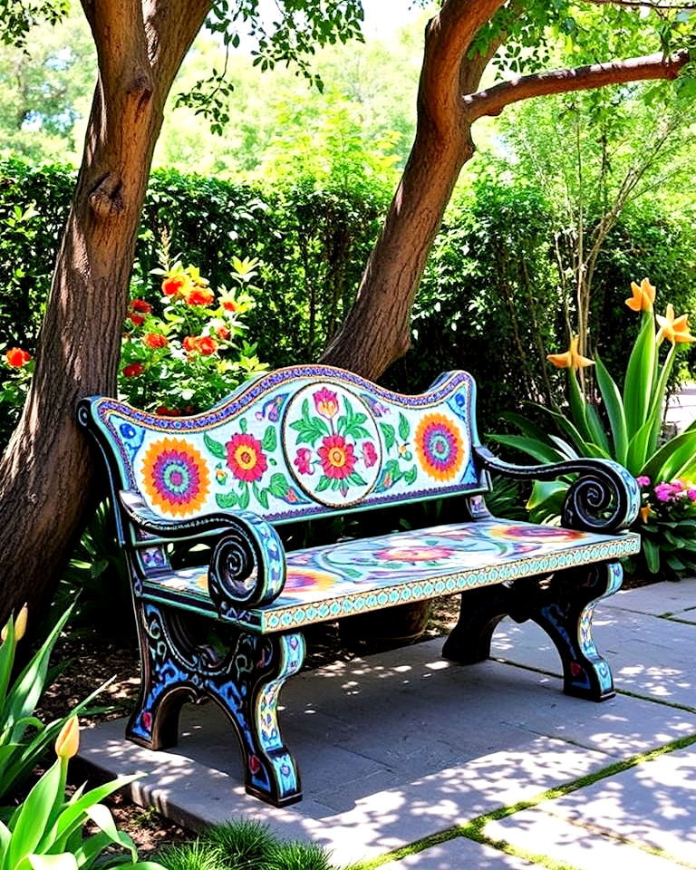 functional mosaic garden bench - 25 Mexican Garden Ideas