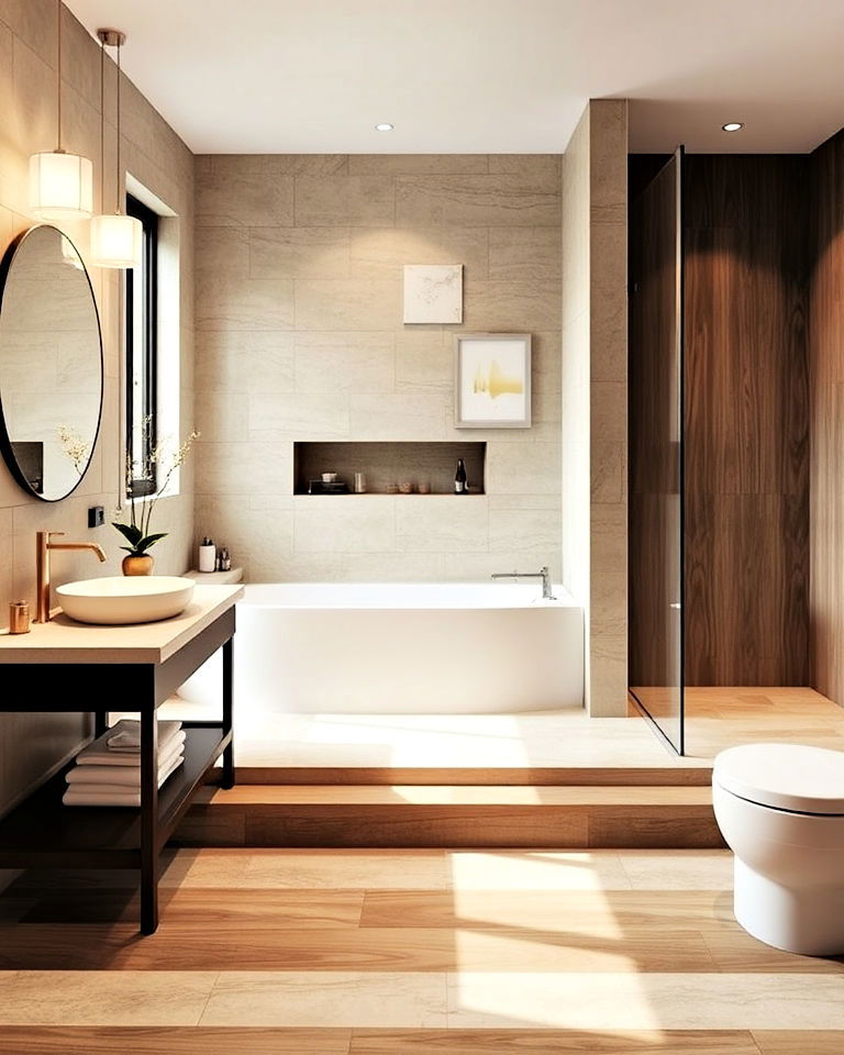 functional multi level flooring - 30 Open Concept Bathroom Ideas