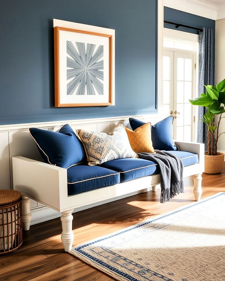 functional navy and cream cushioned bench - 25 Navy and Cream Living Room Ideas