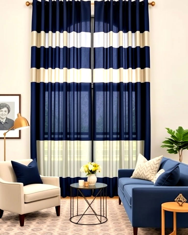 functional navy curtains with cream sheers - 25 Navy and Cream Living Room Ideas