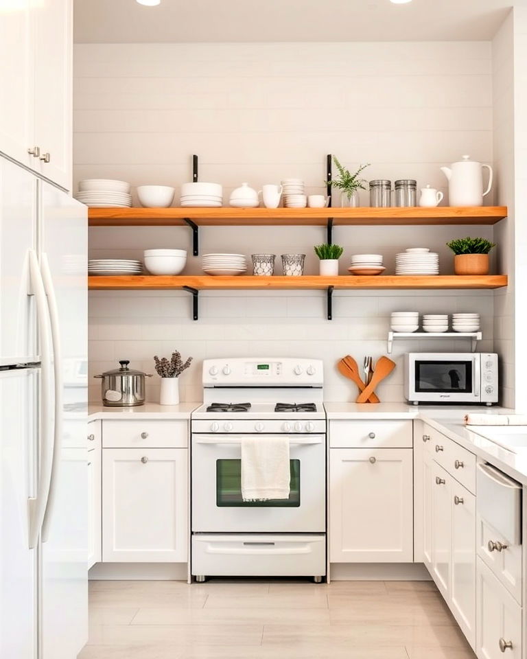 functional open shelving - 40 Kitchen With White Appliances Ideas