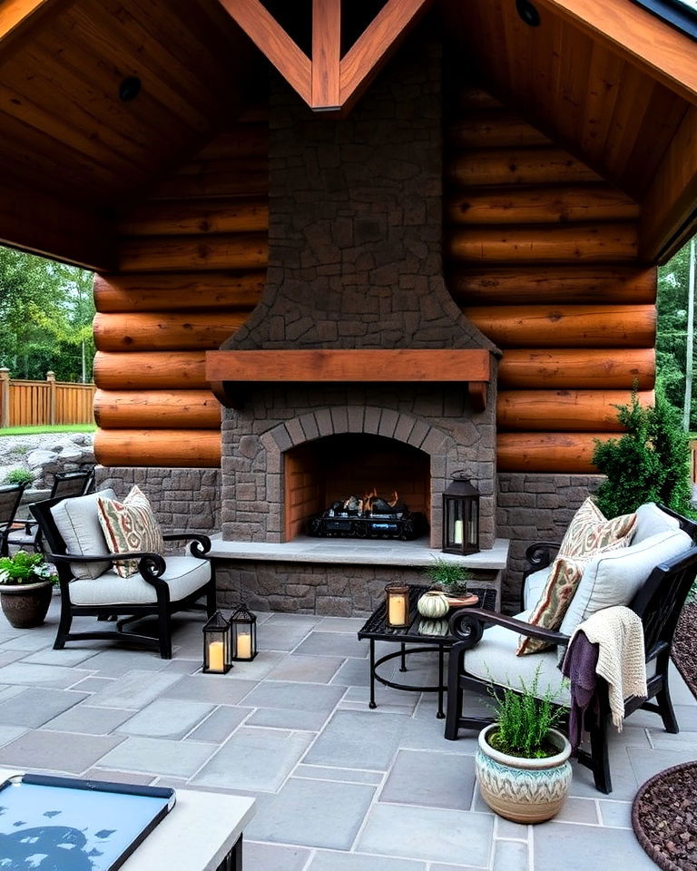 functional outdoor stone fireplace - 25 Log Cabin Landscaping Ideas