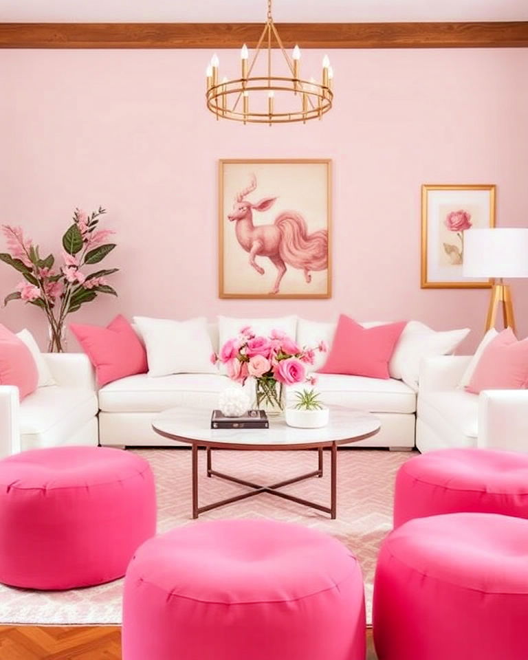functional pink poufs and white sofas - 20 Pink and White Living Room Ideas