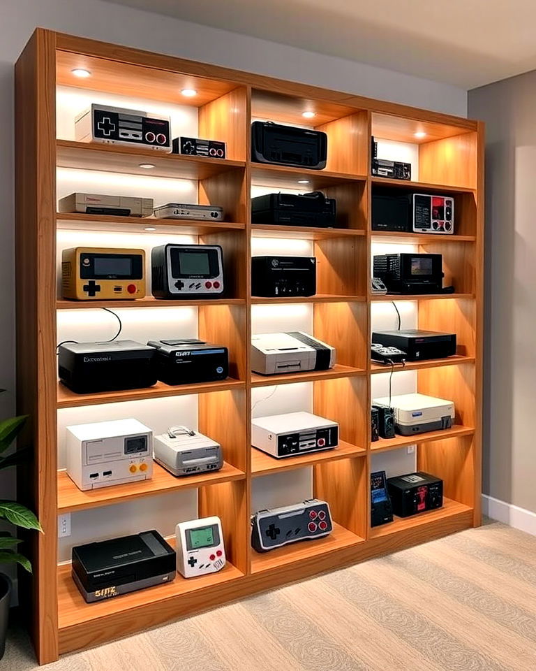 functional retro console shelving unit - 30 Retro Game Room Ideas