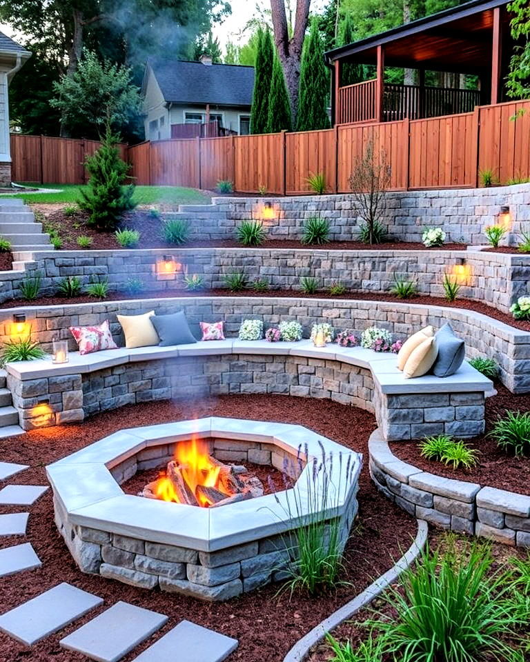 functional seating area with retaining wall - 25 Down Sloped Backyard Ideas