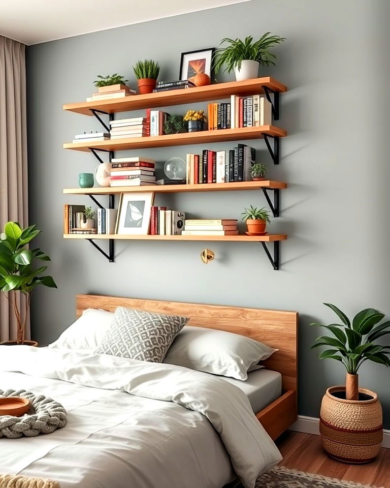functional wall mounted shelves for decor - 30 Bedroom Decor Ideas