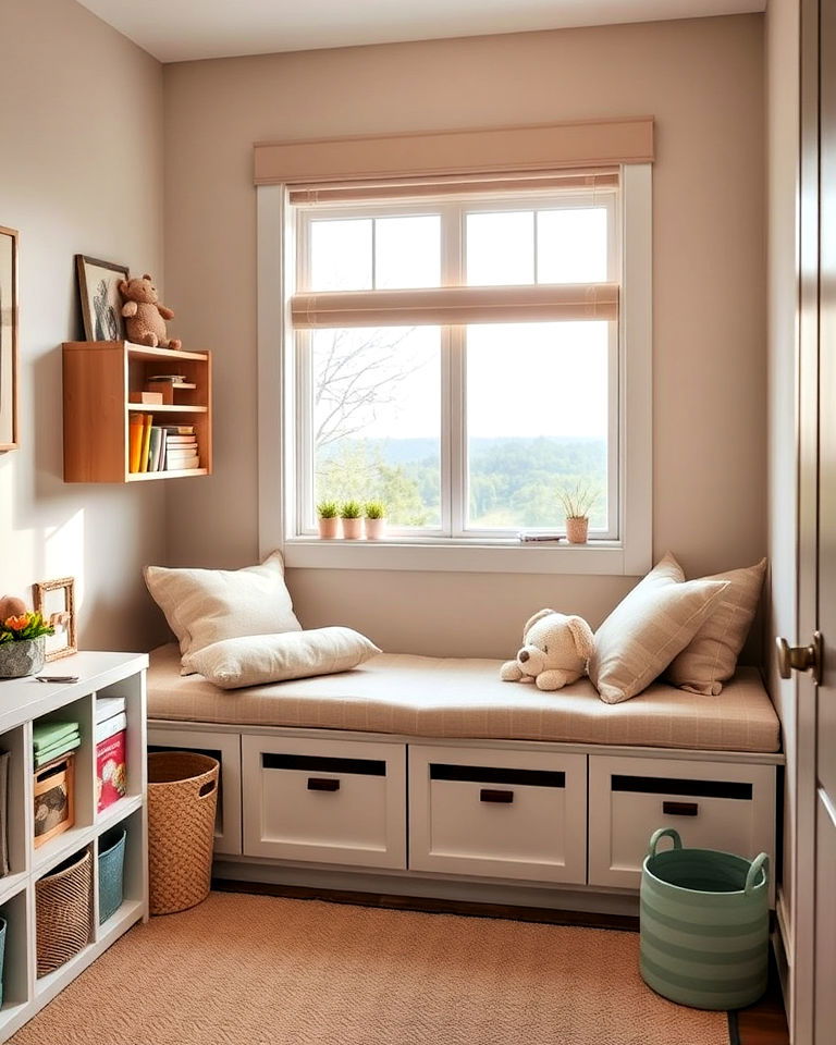 functional window seat with storage - 40 Toddler Room Ideas