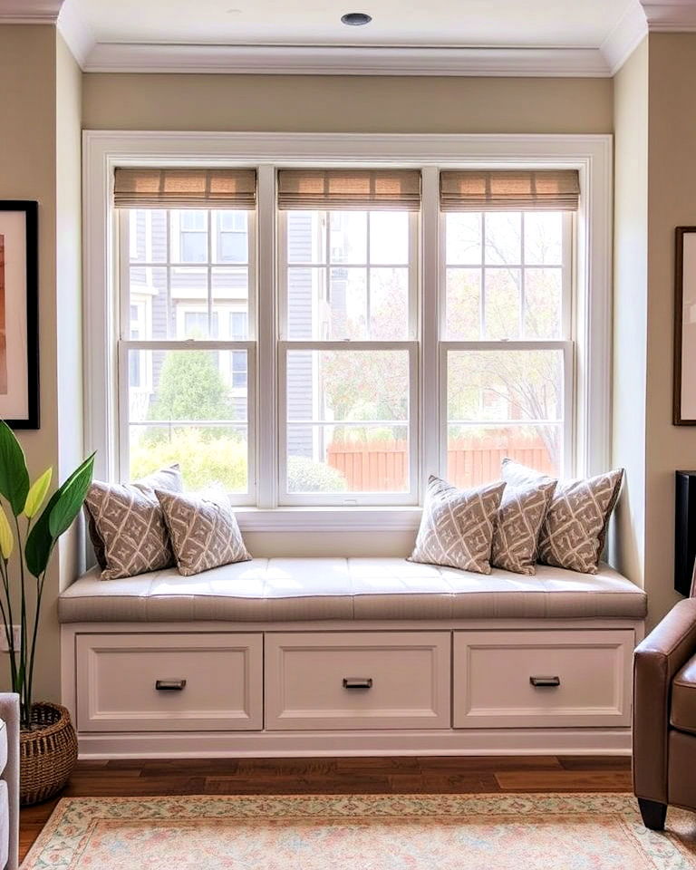 functional window seat with storage - 30 Living Room Storage Ideas