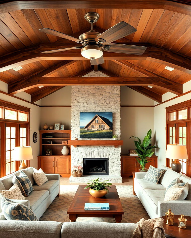 functional wooden ceiling fan - 30 Craftsman Living Room Ideas