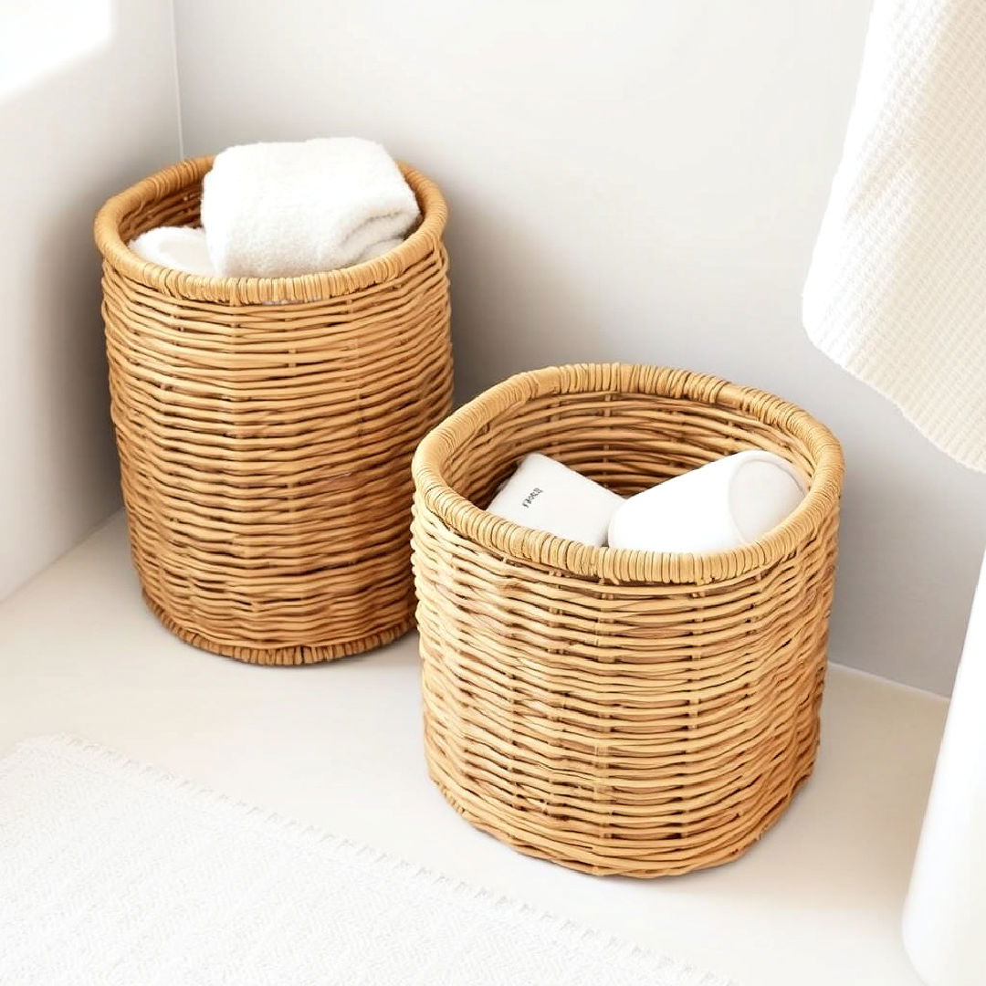 functional woven baskets - 40 Japandi Bathroom Ideas