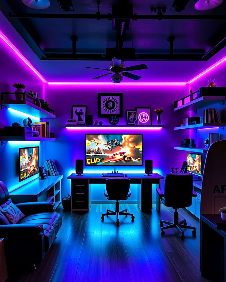 futuristic led strip lighting accents - 30 Retro Game Room Ideas