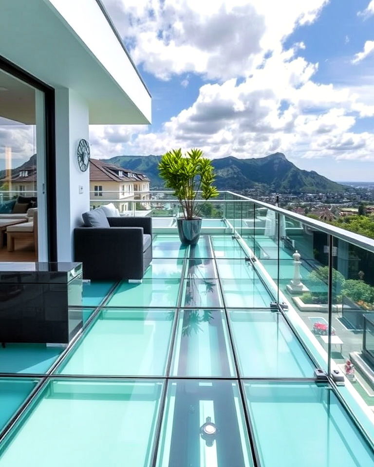 futuristic look with glass floor panels - 25 Glass Balcony Design Ideas