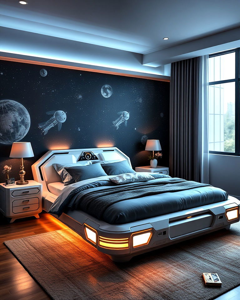 futuristic spaceship inspired bed frame - 20 Galaxy Space-themed Bedroom Ideas