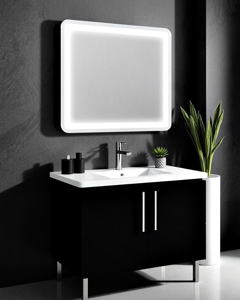 futuristic vibe black vanity with backlit mirror - 20 Black Vanity Bathroom Ideas