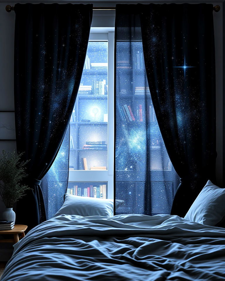 galaxy inspired blackout curtains - 20 Galaxy Space-themed Bedroom Ideas