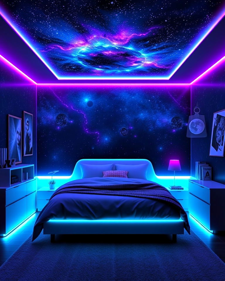galaxy inspired led strip lighting - 20 Galaxy Space-themed Bedroom Ideas