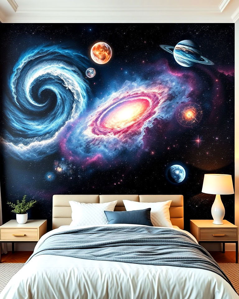 galaxy themed bedroom with cosmic wallpaper - 20 Galaxy Space-themed Bedroom Ideas
