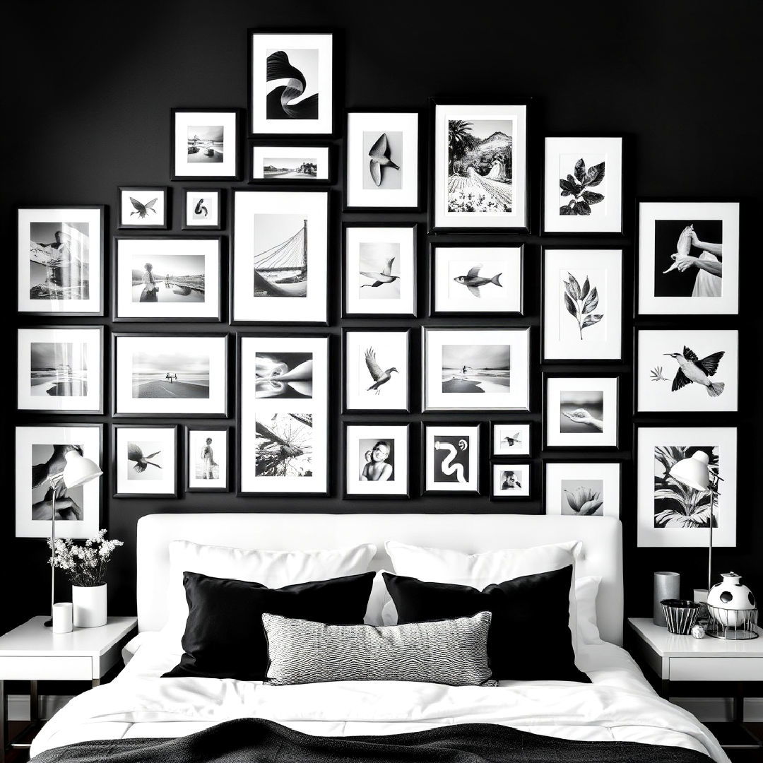 gallery wall filled with black and white art - 40 Black and White Bedroom Ideas