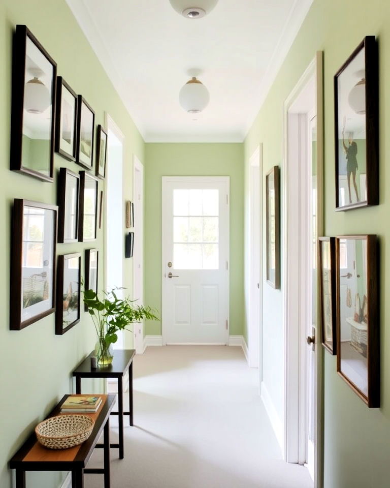 gallery wall for pale green hallway - 20 Green Hallway Ideas
